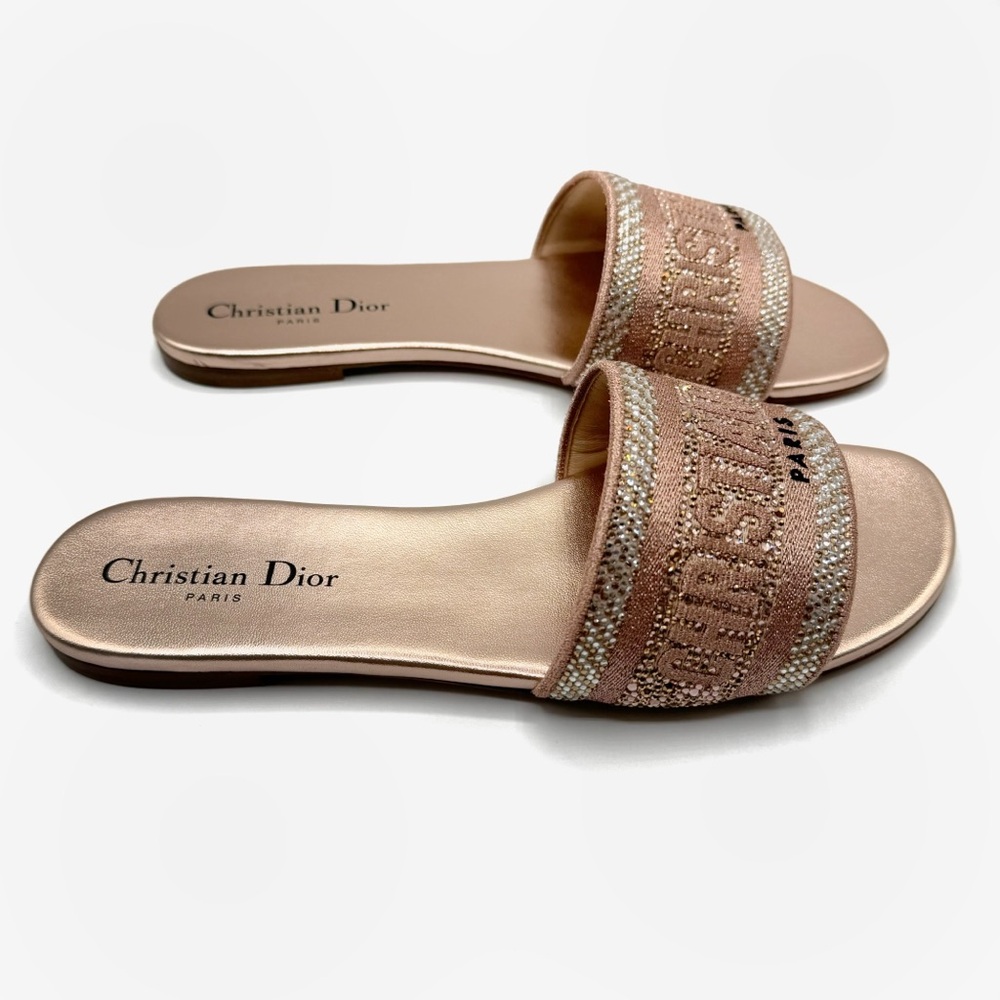 NEW Christian Dior Pink Beige Crystal Strass Dway Logo Canvas Flats Sandal Shoes - Picture 3 of 11